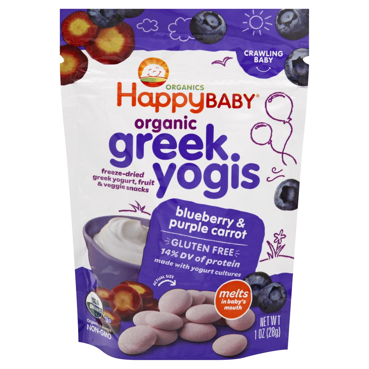 slide 1 of 8, Happy Baby Happy Family HappyBaby Organic Greek Yogis Blueberry & Purple Carrot Baby Snacks -1oz, 1 oz