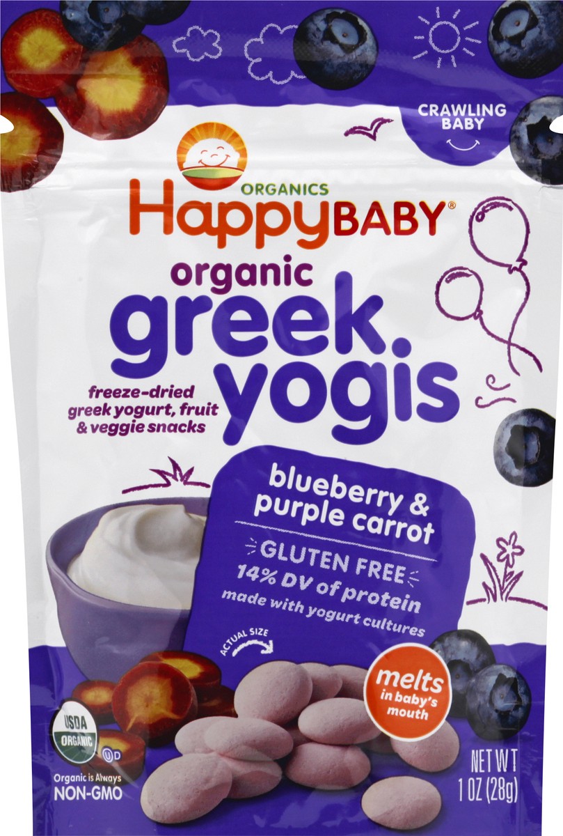 slide 5 of 8, Happy Baby Happy Family HappyBaby Organic Greek Yogis Blueberry & Purple Carrot Baby Snacks -1oz, 1 oz