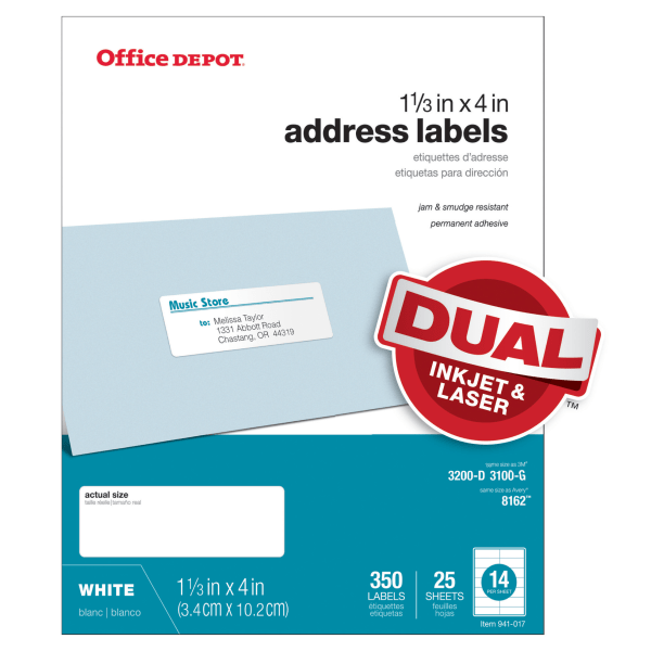 slide 1 of 1, Office Depot Brand White Inkjet/Laser Address Labels, 505-O004-0018, 1 1/3'' X 4'', Pack Of 350, 350 ct