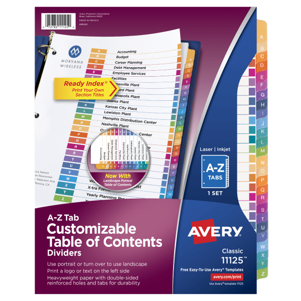 slide 1 of 8, Avery Ready Index Contemporary Table/Content Divider, Title: A-Z, Multi, Letter, 1 ct