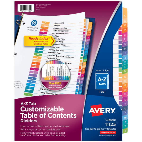slide 1 of 8, Avery Ready Index Contemporary Table/Content Divider, Title: A-Z, Multi, Letter, 1 ct