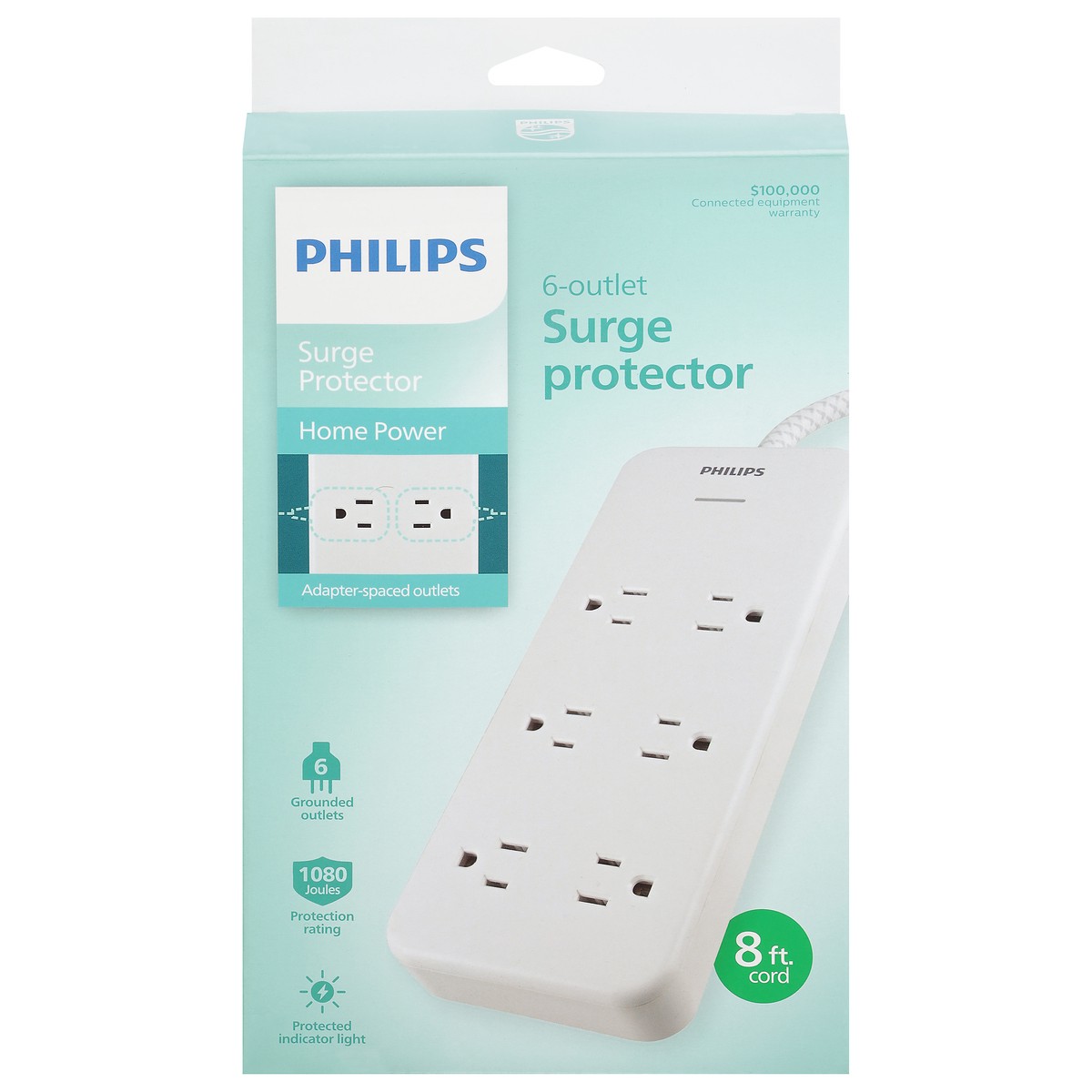 slide 1 of 12, Philips 6-Outlet Surge Protector, 8 ft, White, 8 ft