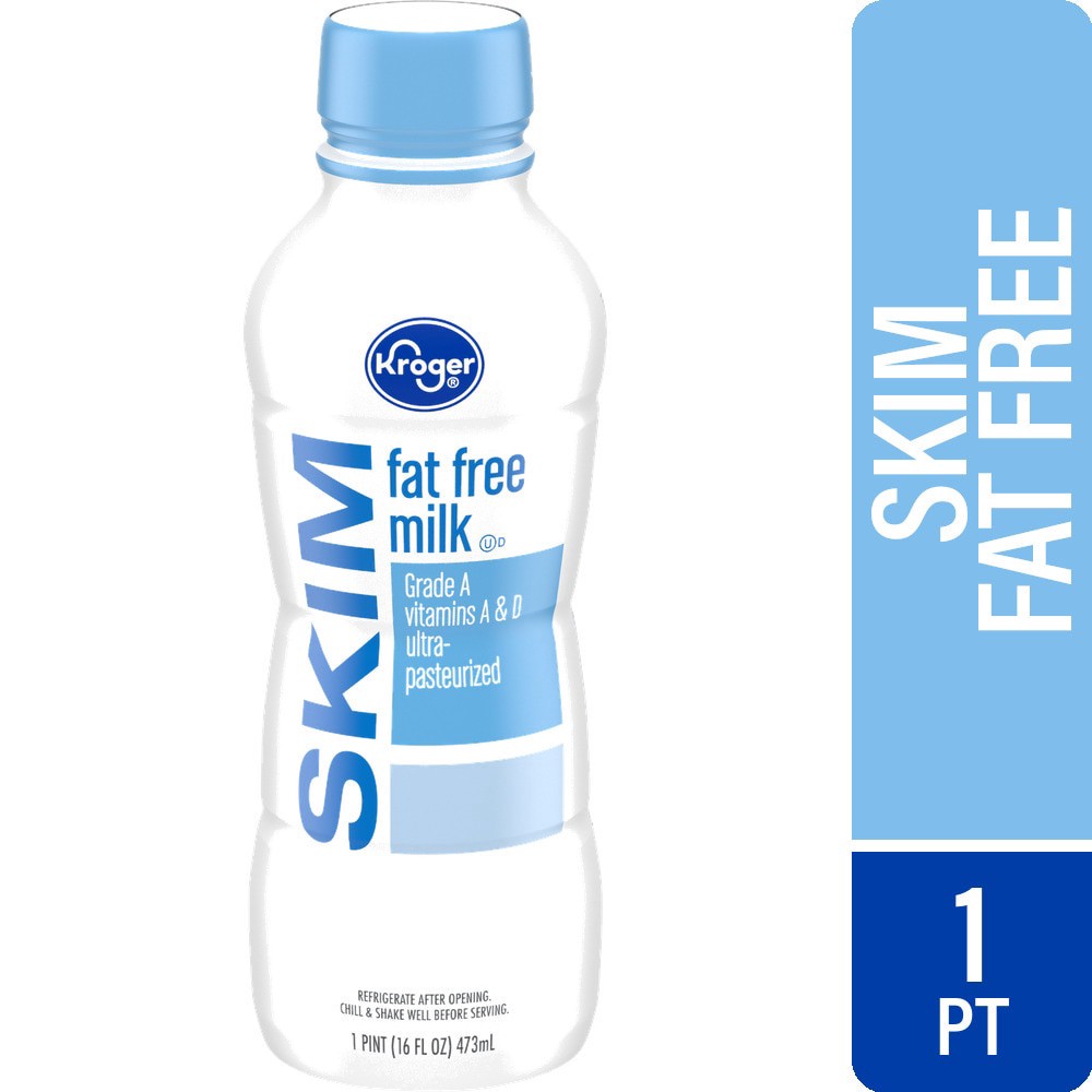 slide 1 of 4, Kroger Fat Free Skim Milk Bottle, 1 pint