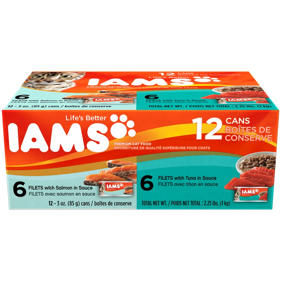 slide 1 of 1, IAMS Filets Cat Food Salmon Tuna, 12 ct; 3 oz