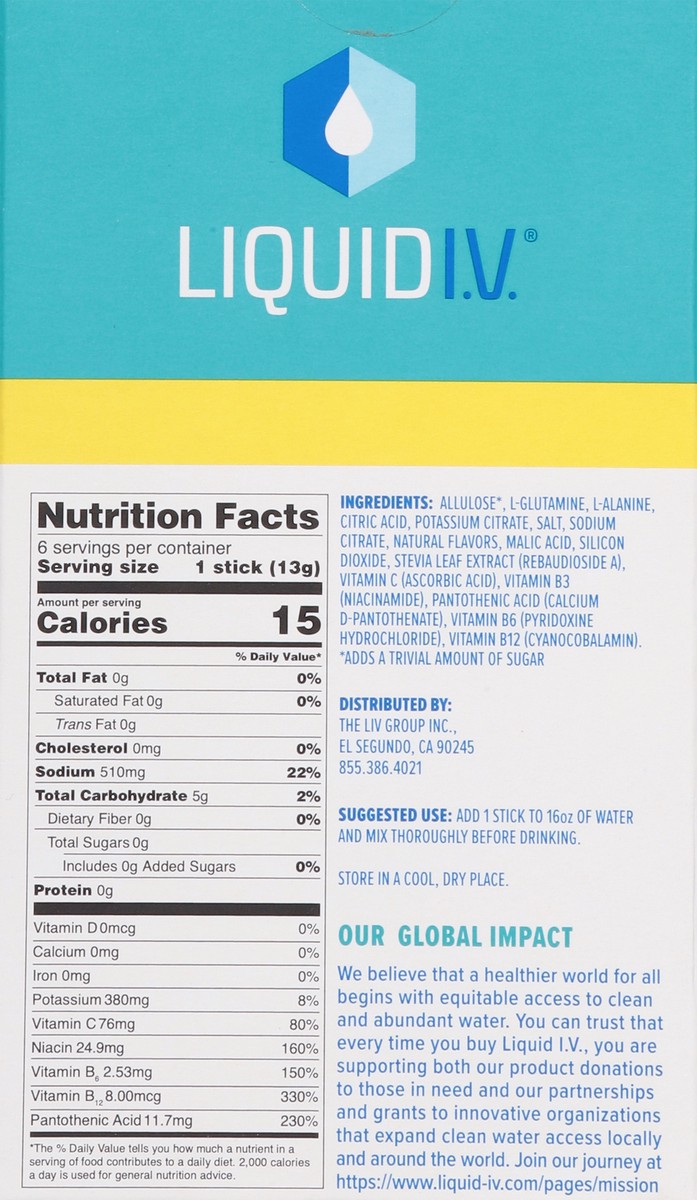 slide 12 of 15, Liquid I.V. Sugar-Free Hydration Multiplier Electrolyte Powder Packet Drink Mix, White Peach, 6 Ct., 6 ct