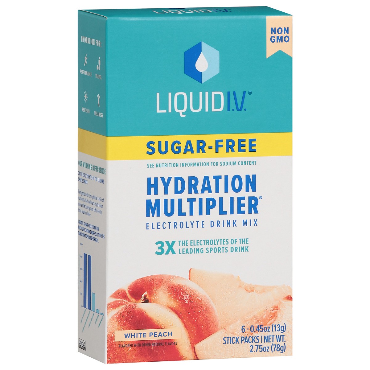 slide 9 of 15, Liquid I.V. Sugar-Free Hydration Multiplier Electrolyte Powder Packet Drink Mix, White Peach, 6 Ct., 6 ct