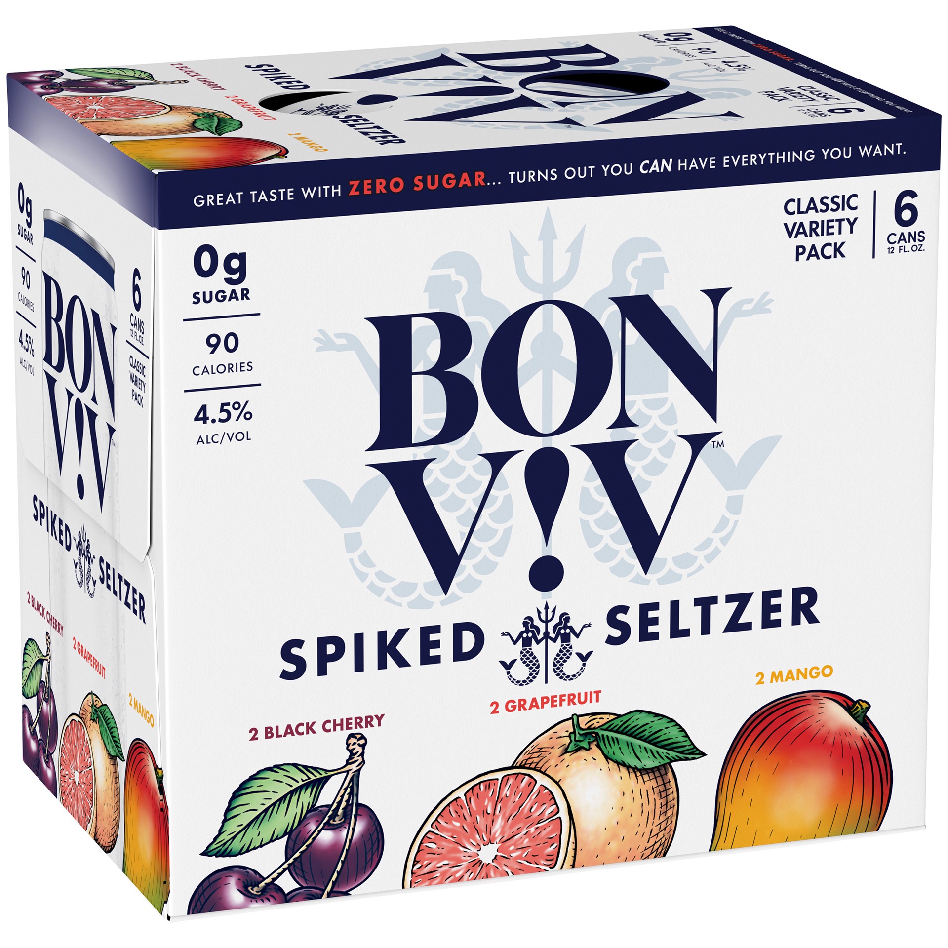 slide 1 of 10, Bon Viv BON V!V Classic Spiked Seltzer Variety Pack includes: grapefruit, black cherry, mango and cranberry. BON V!V spiked seltzers are gluten free alcoholic drinks that have 0 grams of sugar and 90 calories per serving. 6 pack., 6 ct; 12 oz