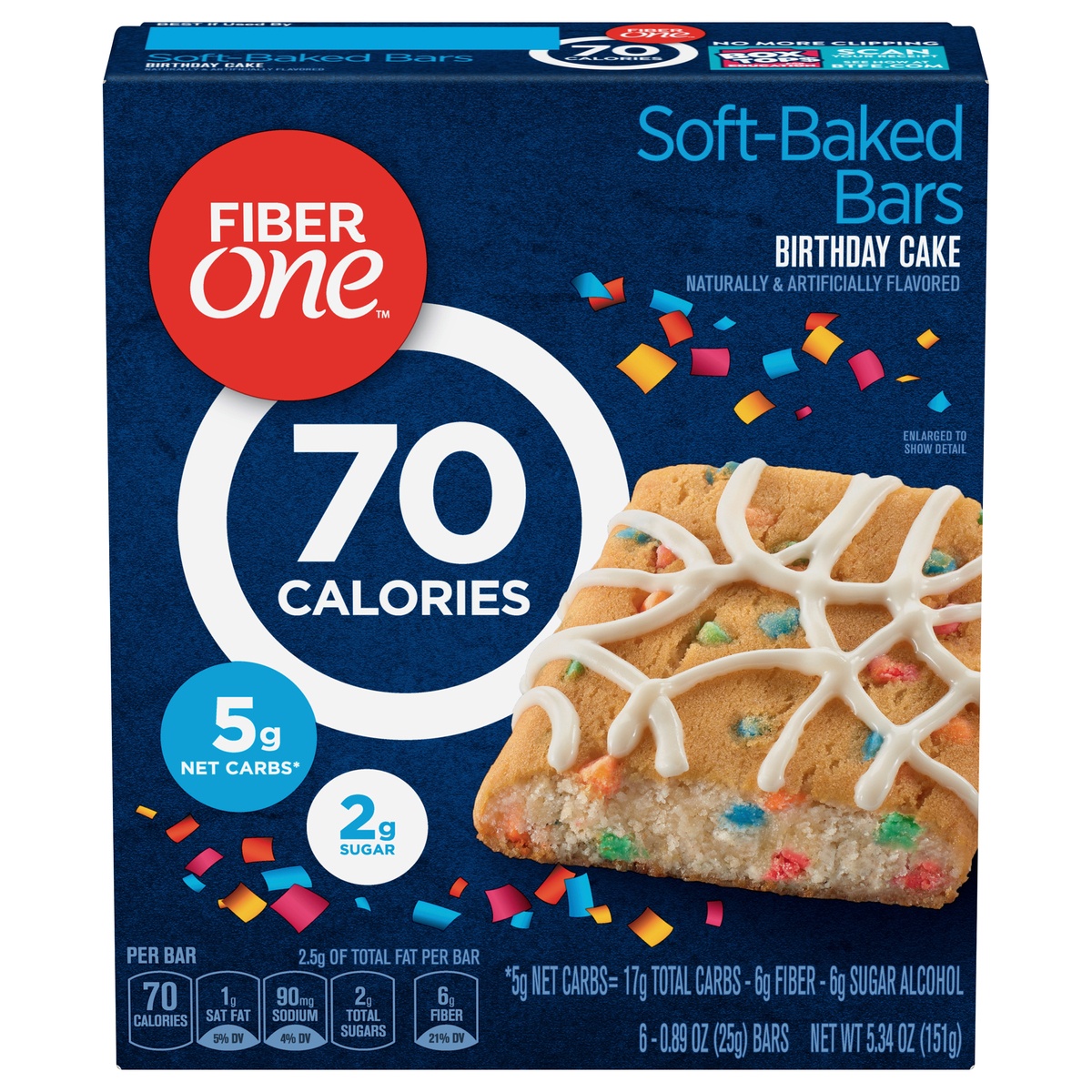 slide 1 of 1, Fiber One Birthday Cake 70 Calories Soft-Baked Bars 6 ea, 6 ct; 0.89 oz