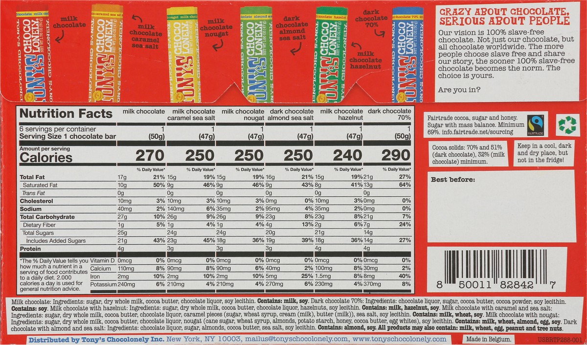 slide 9 of 9, Tony's Chocolonely Assorted Chocolate Bars 10.16 oz, 6 ct