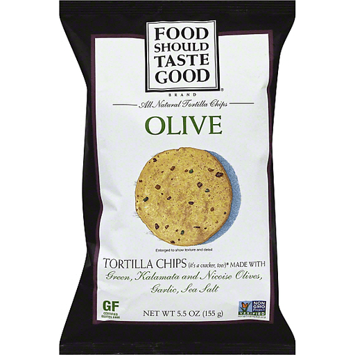 slide 3 of 3, Food Should Taste Good Gluten Free Non-GMO Olive Tortilla Chips, 5.5 oz