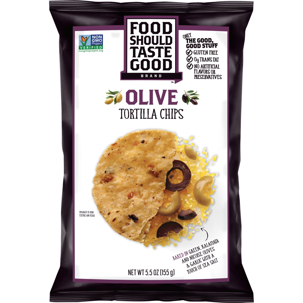 slide 1 of 3, Food Should Taste Good Gluten Free Non-GMO Olive Tortilla Chips, 5.5 oz