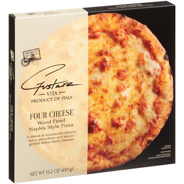 slide 1 of 1, Gustare Vita Four Cheese A Blend Of Mozzarella Cheese, Spicy Provolone And Savory Grated Italian Hard Cheeses Wood Fired Naples Style Pizza, 15.2 oz