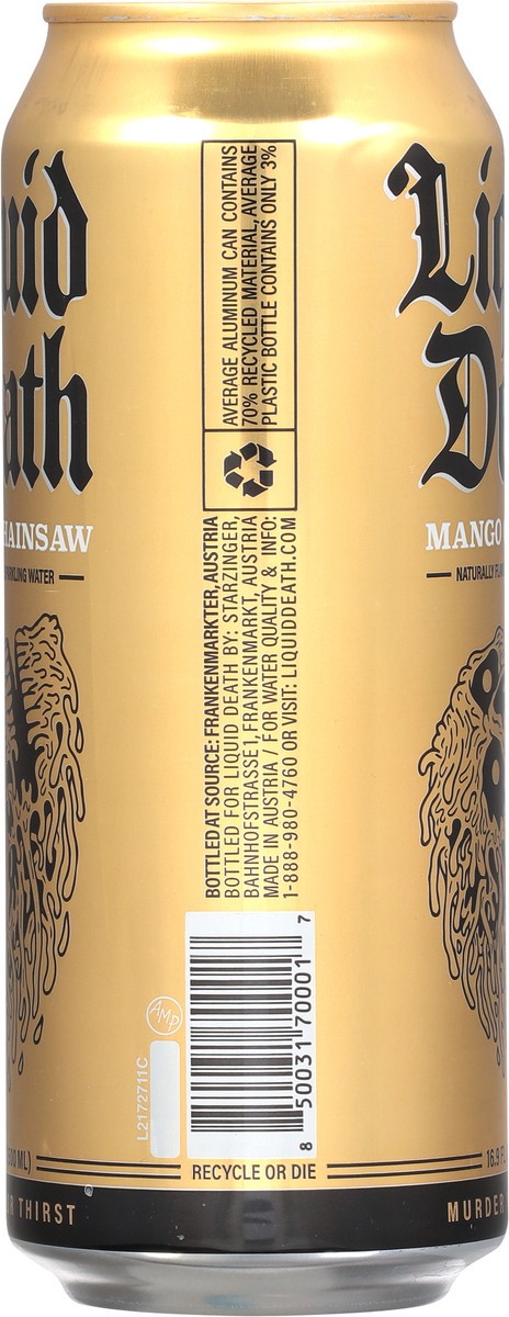 slide 5 of 7, Liquid Death Sparkling Water, Mango Chainsaw, 16.9 oz Can, 16.9 fl oz