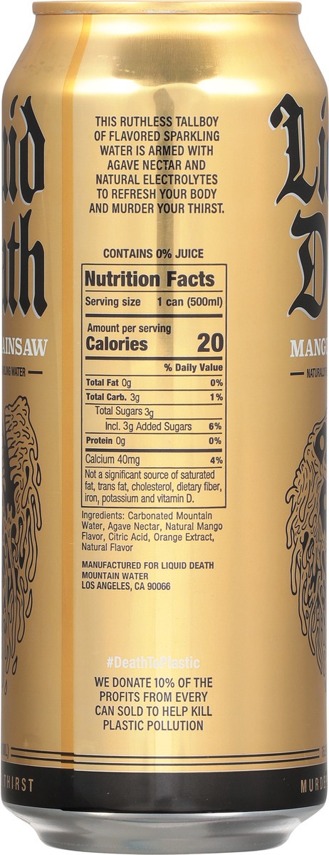 slide 6 of 7, Liquid Death Sparkling Water, Mango Chainsaw, 16.9 oz Can, 16.9 fl oz