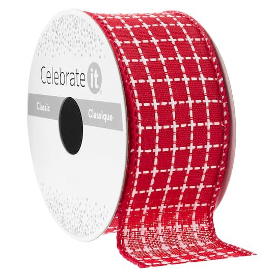 slide 1 of 2, 1.5" X 3yd. Faux Linen Wired Grid Ribbon By Celebrate It Classic, 1.5 in x 3 yd