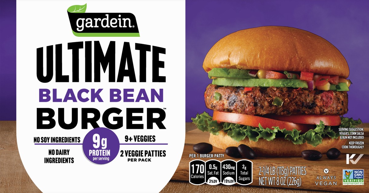 slide 2 of 11, Gardein Ultimate Black Bean Burger, Plant-Based 1/4 lb. Frozen Patties, Vegan, 2-Count, 2 ct
