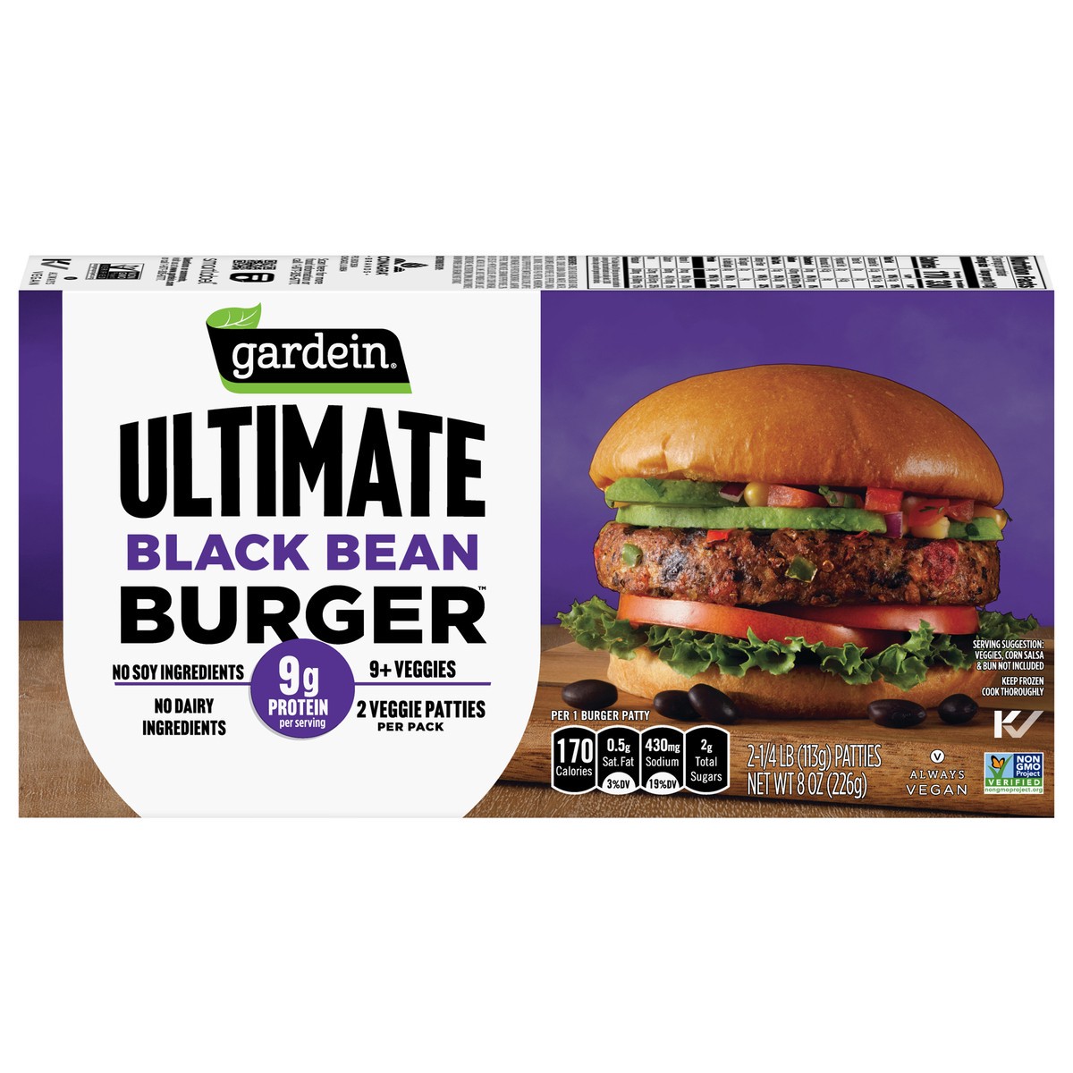 slide 5 of 11, Gardein Ultimate Black Bean Burger, Plant-Based 1/4 lb. Frozen Patties, Vegan, 2-Count, 2 ct