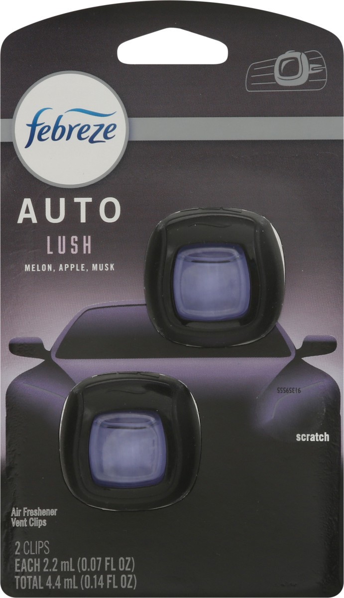 slide 3 of 9, Febreze Vent Clips Auto Lush Air Freshener 2 - 2.2 ml Clips, 2 ct
