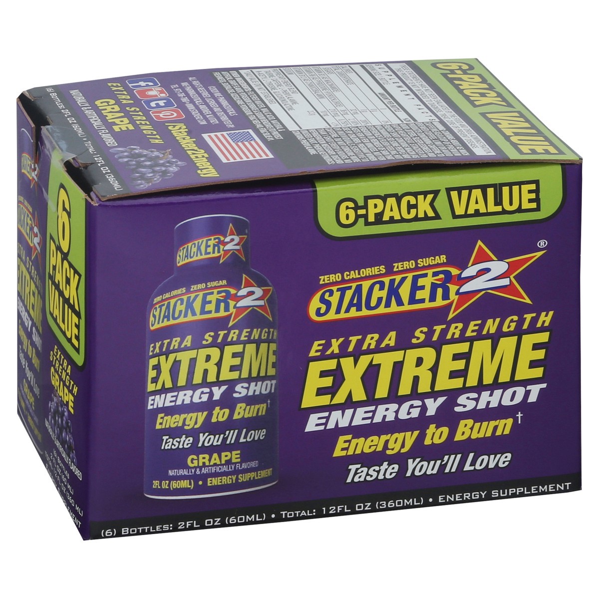 slide 7 of 9, Stacker 2 Extreme Energy Shots Extra Strength Grape flavor - 6 ct, 6 ct