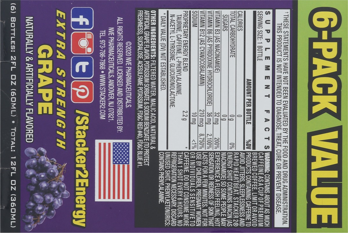 slide 4 of 9, Stacker 2 Extreme Energy Shots Extra Strength Grape flavor - 6 ct, 6 ct