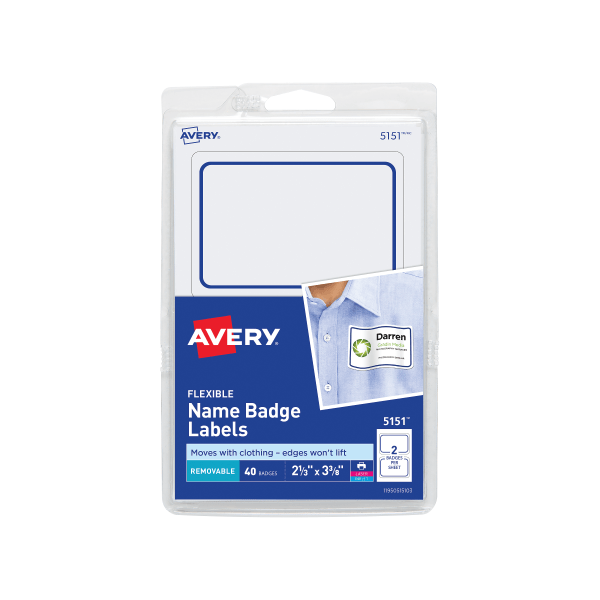 slide 1 of 1, Avery Flexible Name Badge Labels, White with Blue Border, 40 ct