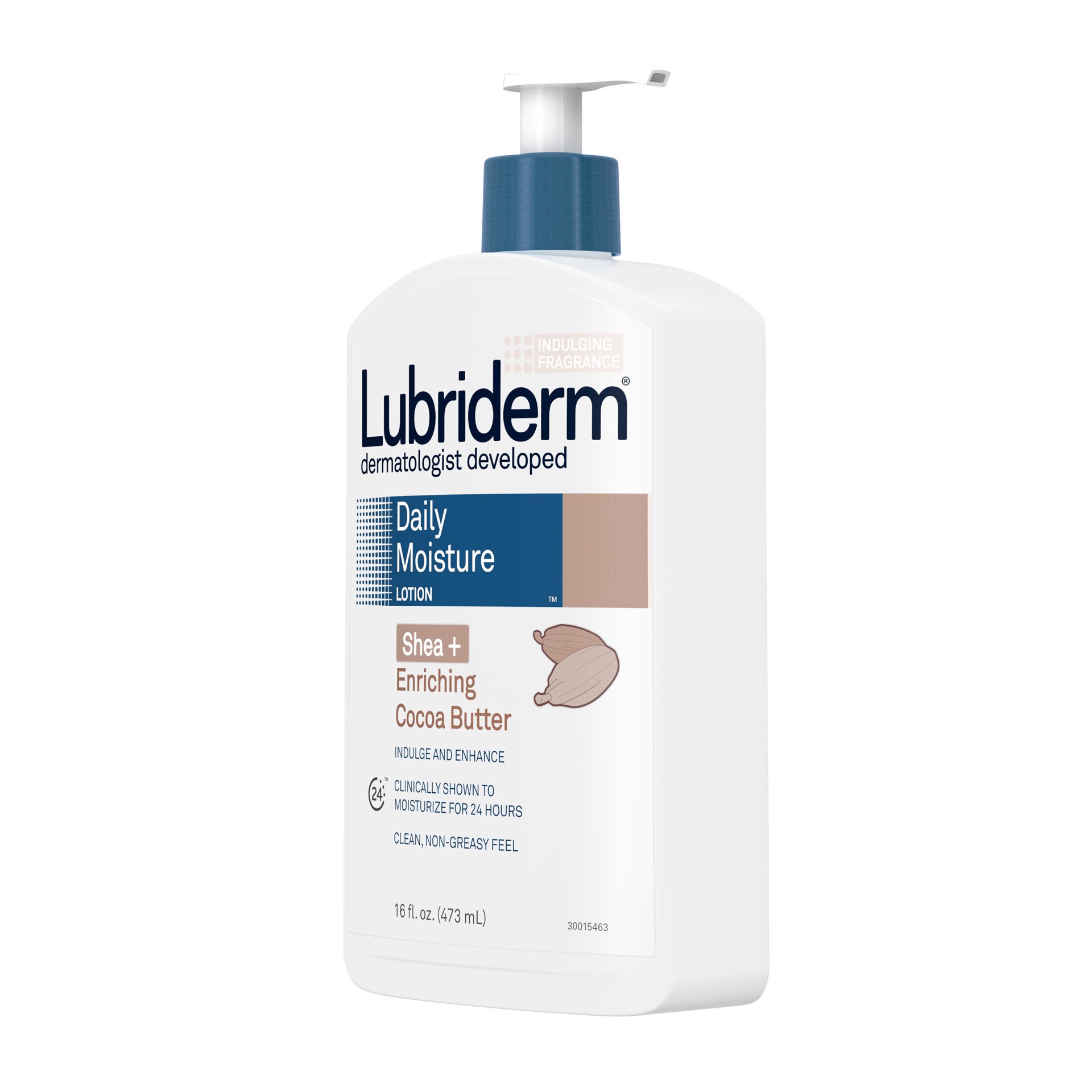 slide 7 of 7, Lubriderm Daily Moisture Replenishing Body Lotion with Shea + Enriching Cocoa Butter For Dry Skin, Clean, Hydrating, Nourishing, Non-Greasy and Dermatologist Developed Brand, 16 fl. Oz, 16 fl oz