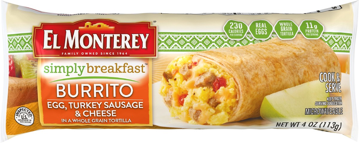 slide 1 of 7, El Monterey Simply Breakfast Egg Turkey Sausage And Cheese Breakfast Burrito, 4 oz