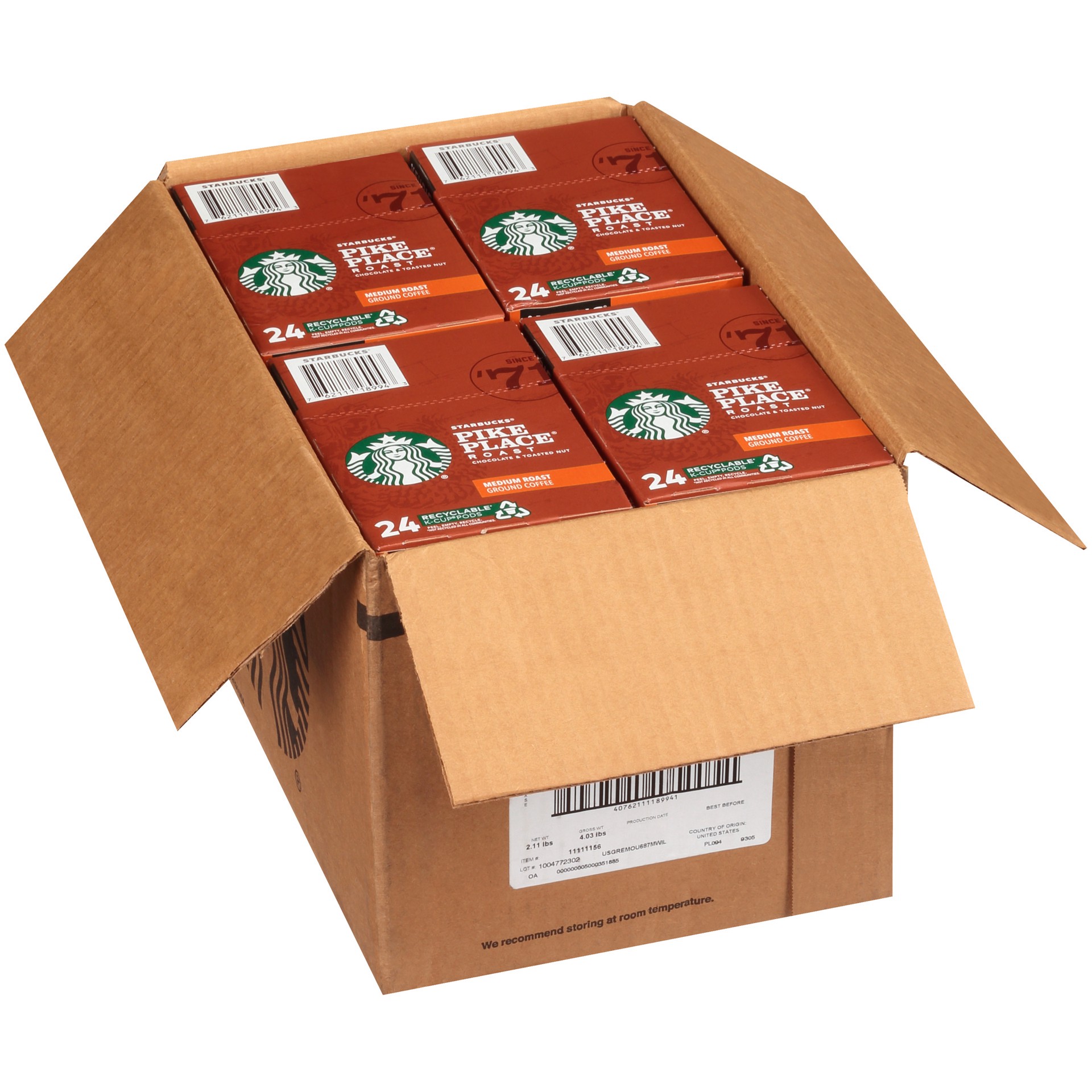 slide 1 of 9, Starbucks K-Cup Coffee Pods—Medium Roast Coffee—Pike Place Roast—100% Arabica—1 box - 24 ct, 1 ct