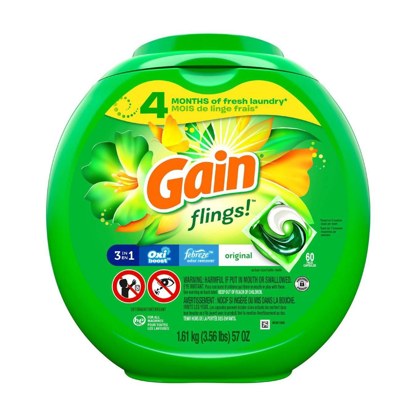 slide 1 of 6, Gain Flings Original Liquid Laundry Detergent Pacs, 60 ct