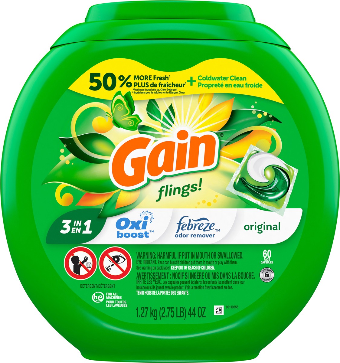 slide 2 of 7, Gain flings! Liquid Laundry Detergent Soap Pacs, HE Compatible, 60 Count, Long Lasting Scent, Original Scent, 60 ct