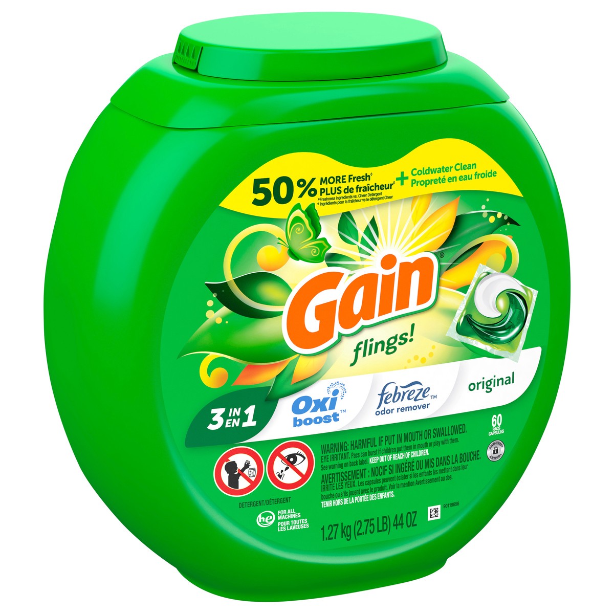 slide 3 of 7, Gain flings! Liquid Laundry Detergent Soap Pacs, HE Compatible, 60 Count, Long Lasting Scent, Original Scent, 60 ct