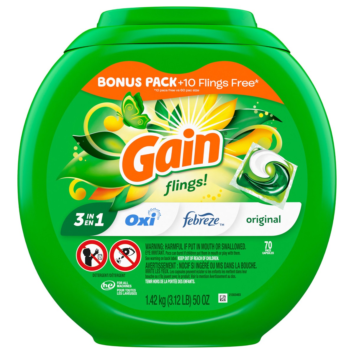 slide 1 of 7, Gain Flings Laundry Detergent Pacs, 70 Count, Original Scent, 3 in 1 HE Detergent Pacs with Oxi Boost and Febreeze, 70 ct