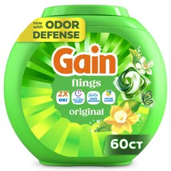 Gain Flings Laundry Detergent Pacs, 60 Count, Original Scent, with Odor Defense, concentrated laundry soap pacs