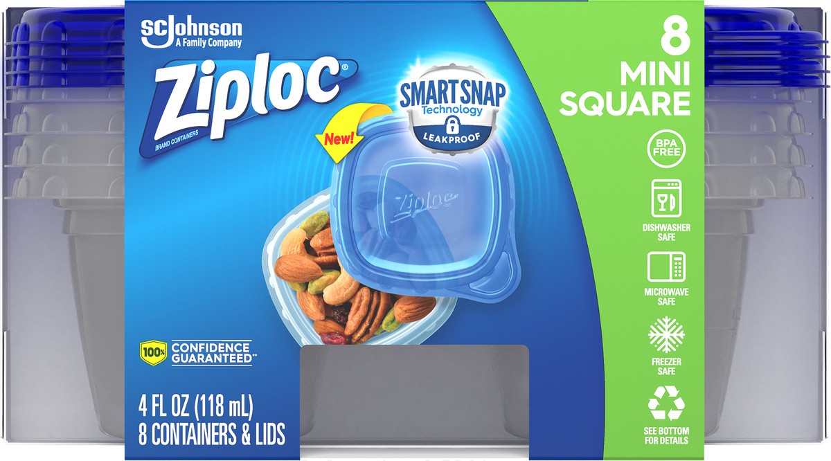 slide 7 of 7, Ziploc Brand, Food Storage Containers with Lids, Smart Snap Technology, Mini Square, 8 ct, 8 ct