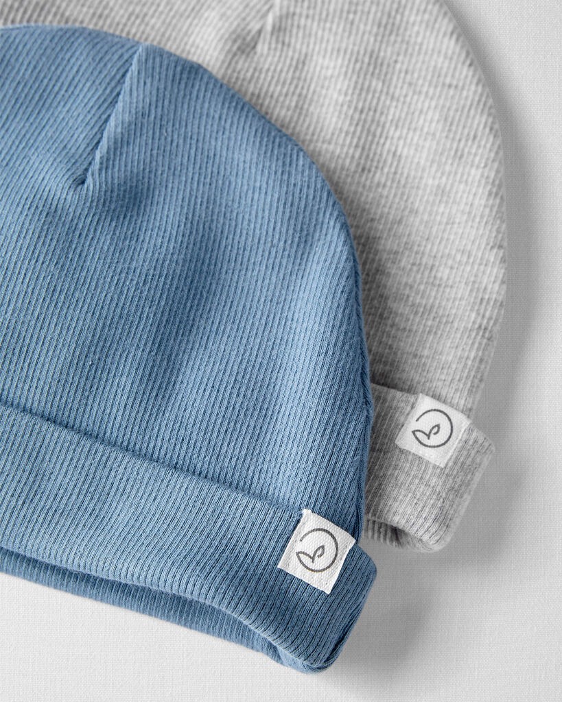 slide 2 of 3, Littleplanet Baby 2-Pack Organic Cotton Rib Caps Blue, Grey 0-3M, 1 ct