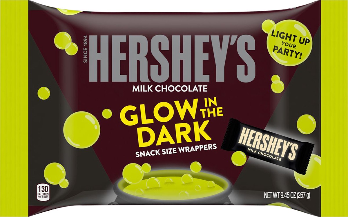 slide 2 of 3, Hershey's Glow in the Dark Wrappers Milk Chocolate Snack Size Candy Bars, 9.45 oz, Bag, 9.45 oz