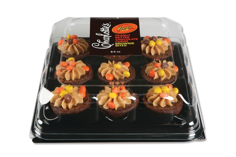 slide 1 of 1, Charlotte's Charlottes Reeses Pieces Topped Peanut Butter Chocolate Fudge Brownie Bites, 9.5 oz