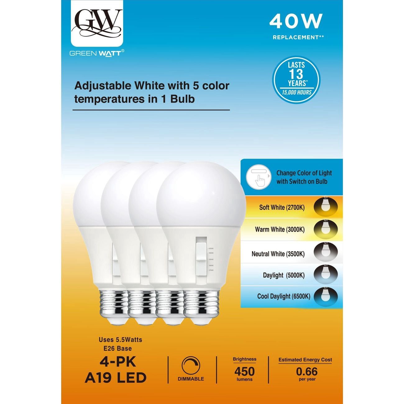 slide 1 of 1, Green Watt A19 40-Watt LED Dimmable Lightbulb, 4 ct