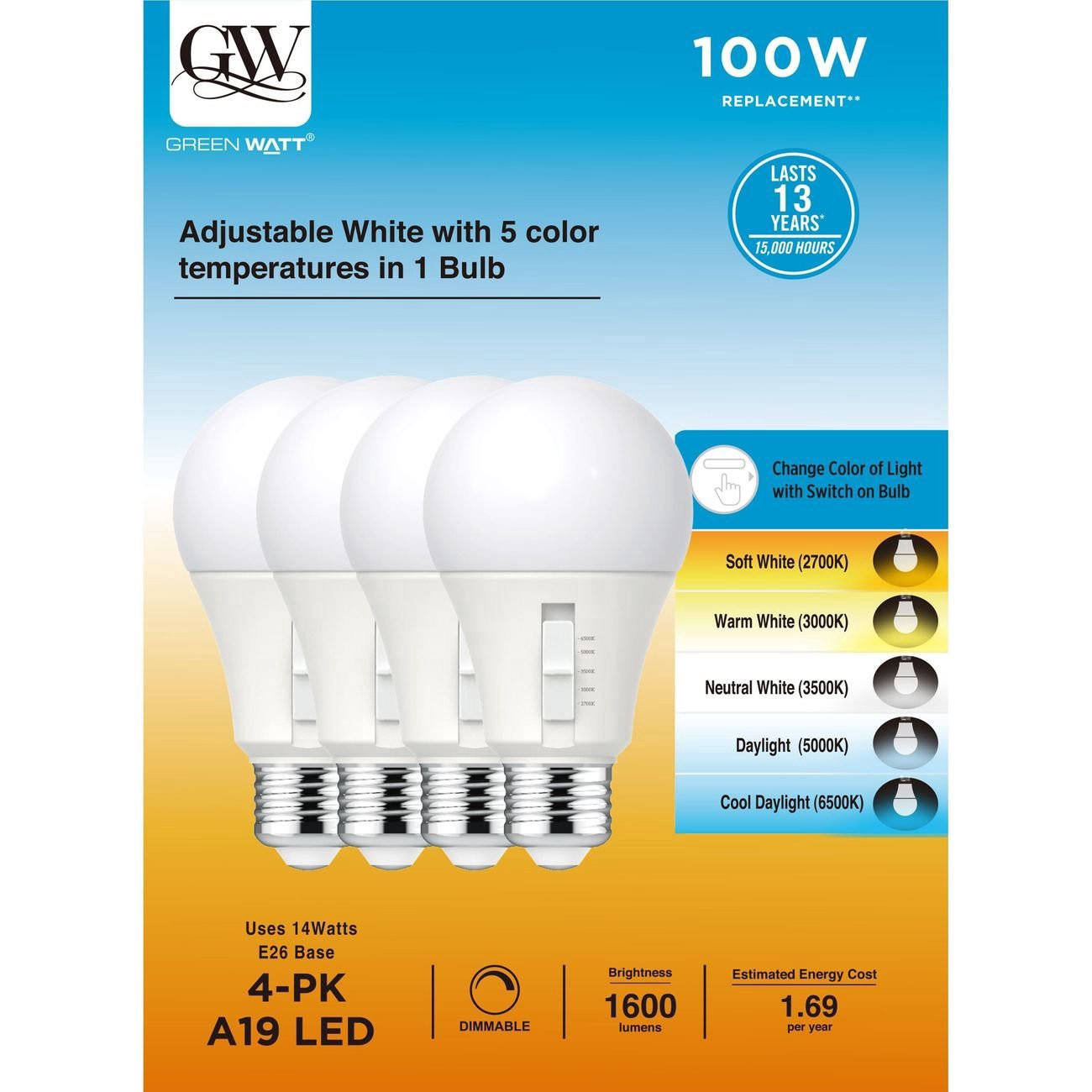 slide 1 of 1, Green Watt A19 100-Watt A19LED Dimmable Light Bulb, 4 ct