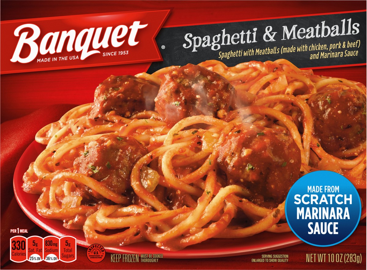 slide 2 of 14, Banquet Classic Spaghetti and Meatballs Frozen Single Serve Meal, 10 Ounce, 10 oz