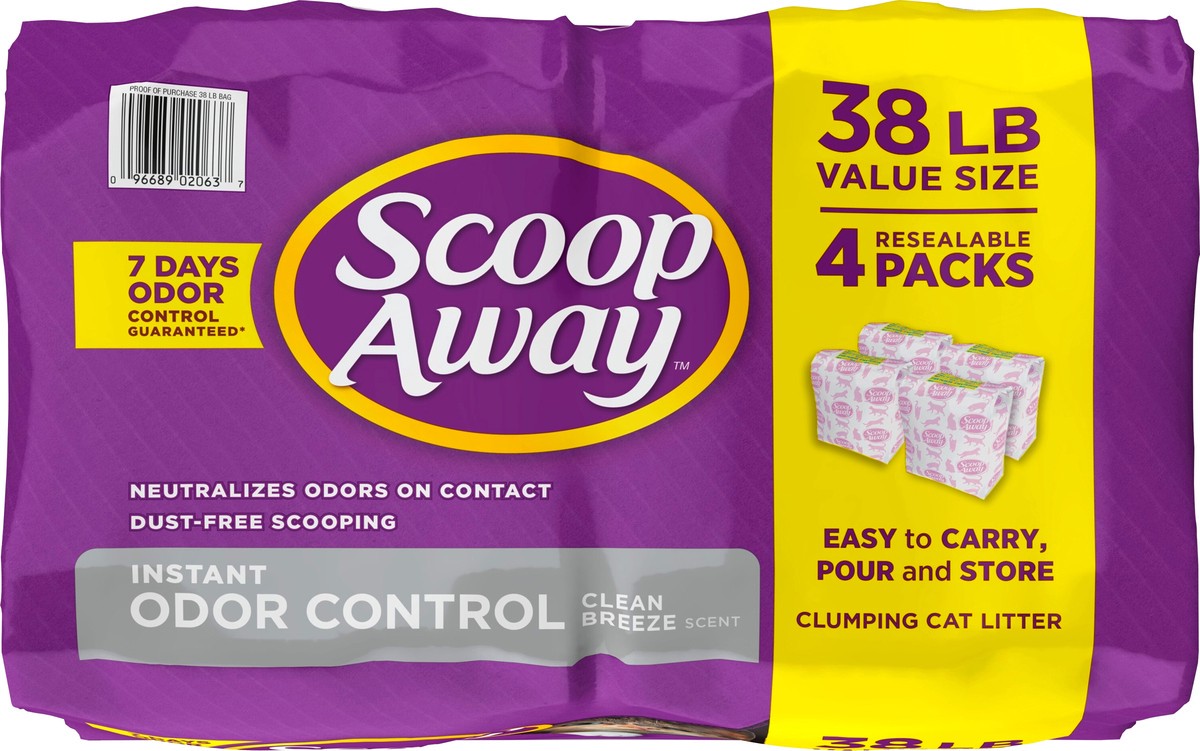 slide 5 of 10, Scoop Away 4 Pack Value Size Clean Breeze Scent Clumping Cat Litter 4 - 9.5 lb Bags, 38 lb