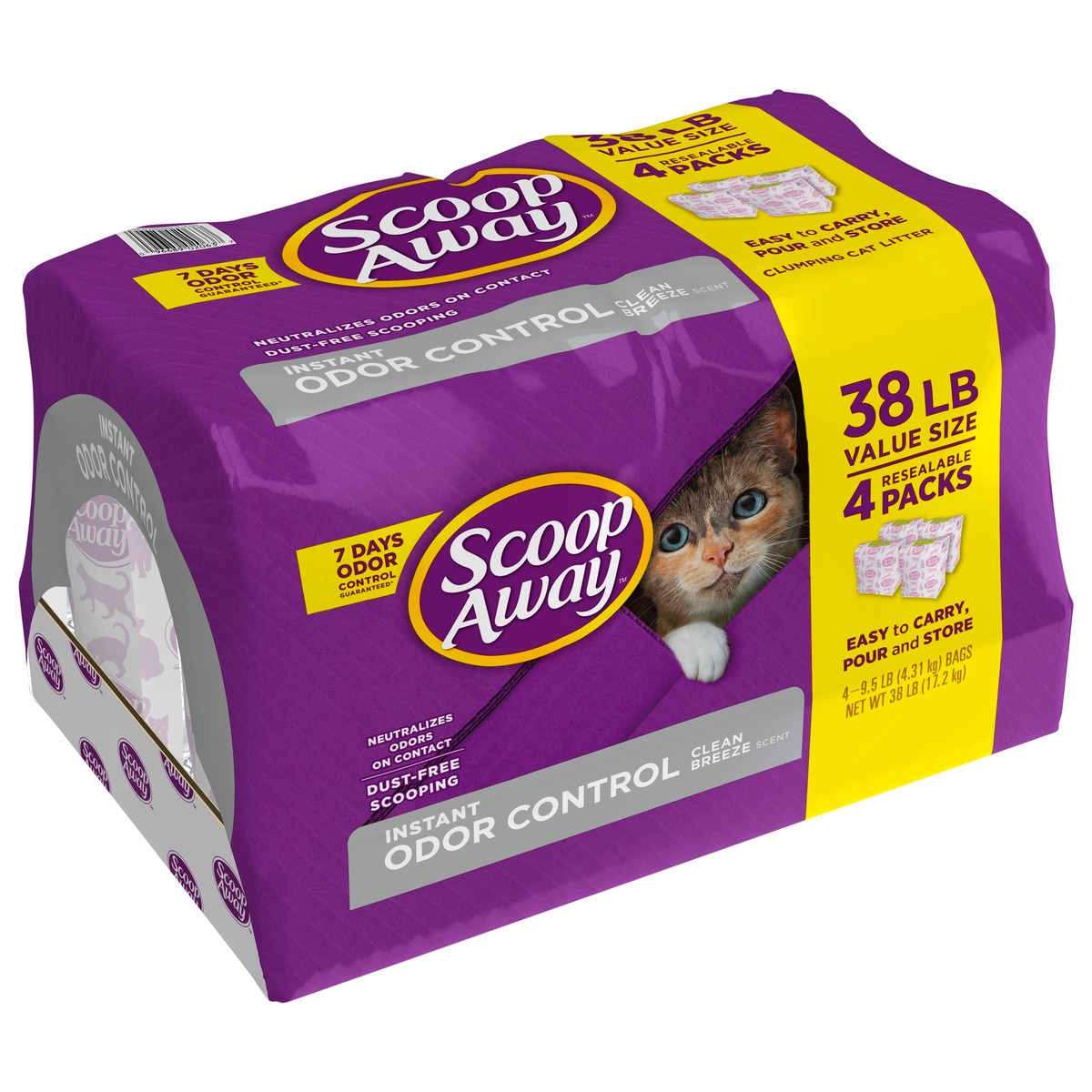 slide 6 of 10, Scoop Away 4 Pack Value Size Clean Breeze Scent Clumping Cat Litter 4 - 9.5 lb Bags, 38 lb