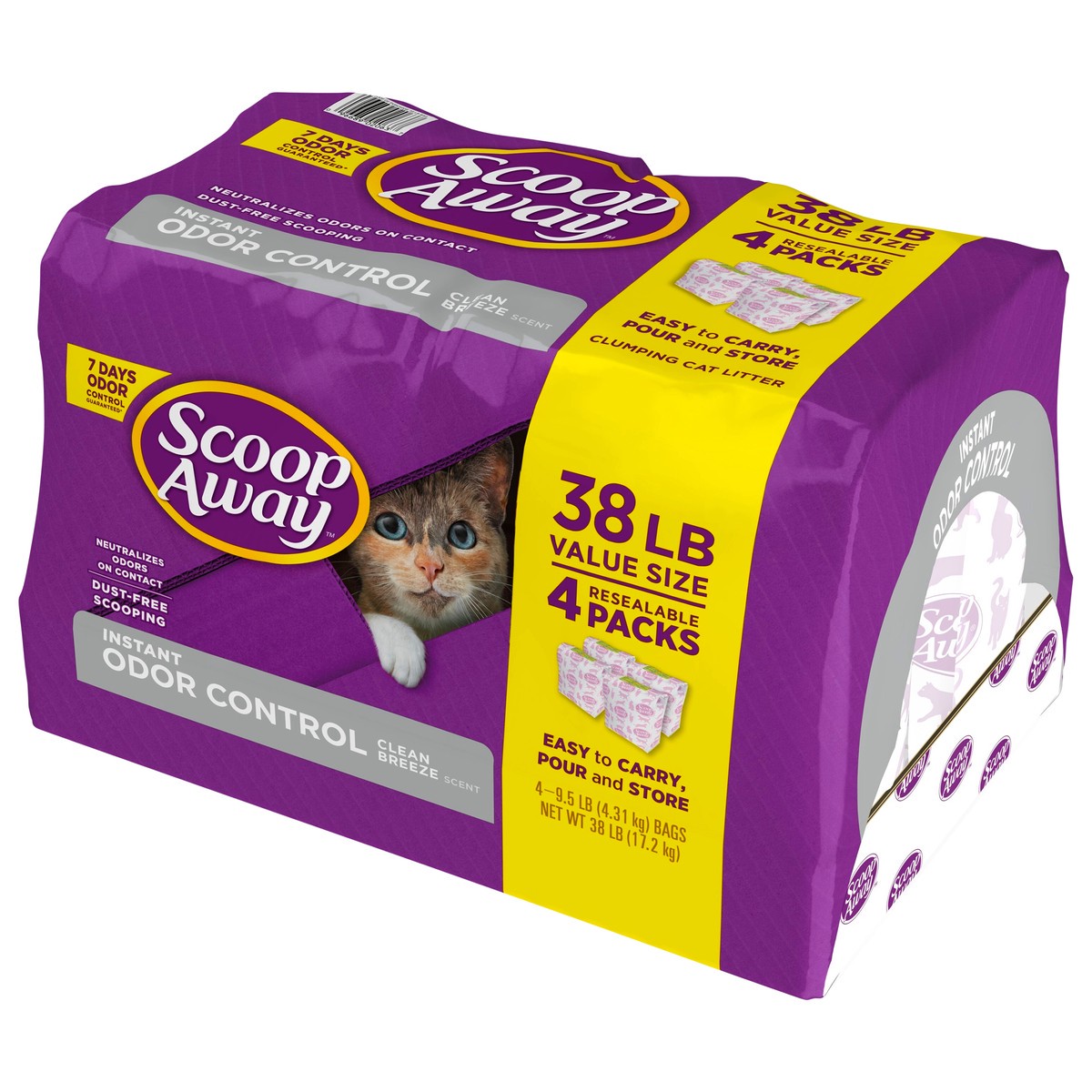 slide 7 of 10, Scoop Away 4 Pack Value Size Clean Breeze Scent Clumping Cat Litter 4 - 9.5 lb Bags, 38 lb