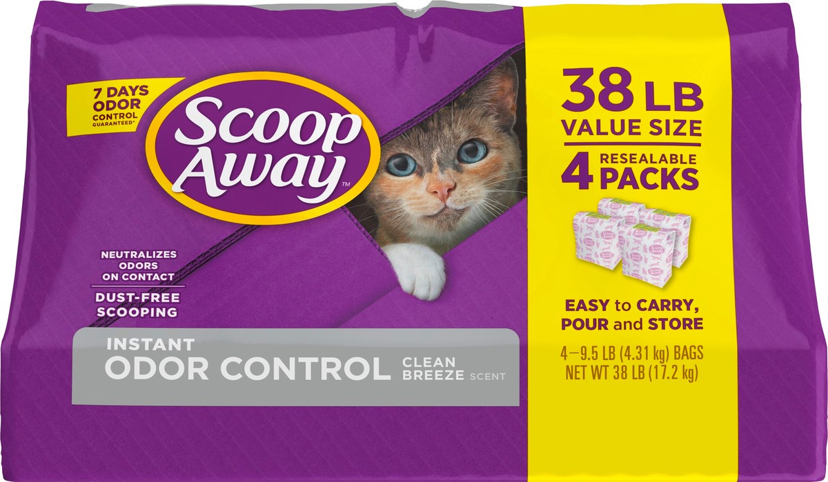 slide 9 of 10, Scoop Away 4 Pack Value Size Clean Breeze Scent Clumping Cat Litter 4 - 9.5 lb Bags, 38 lb