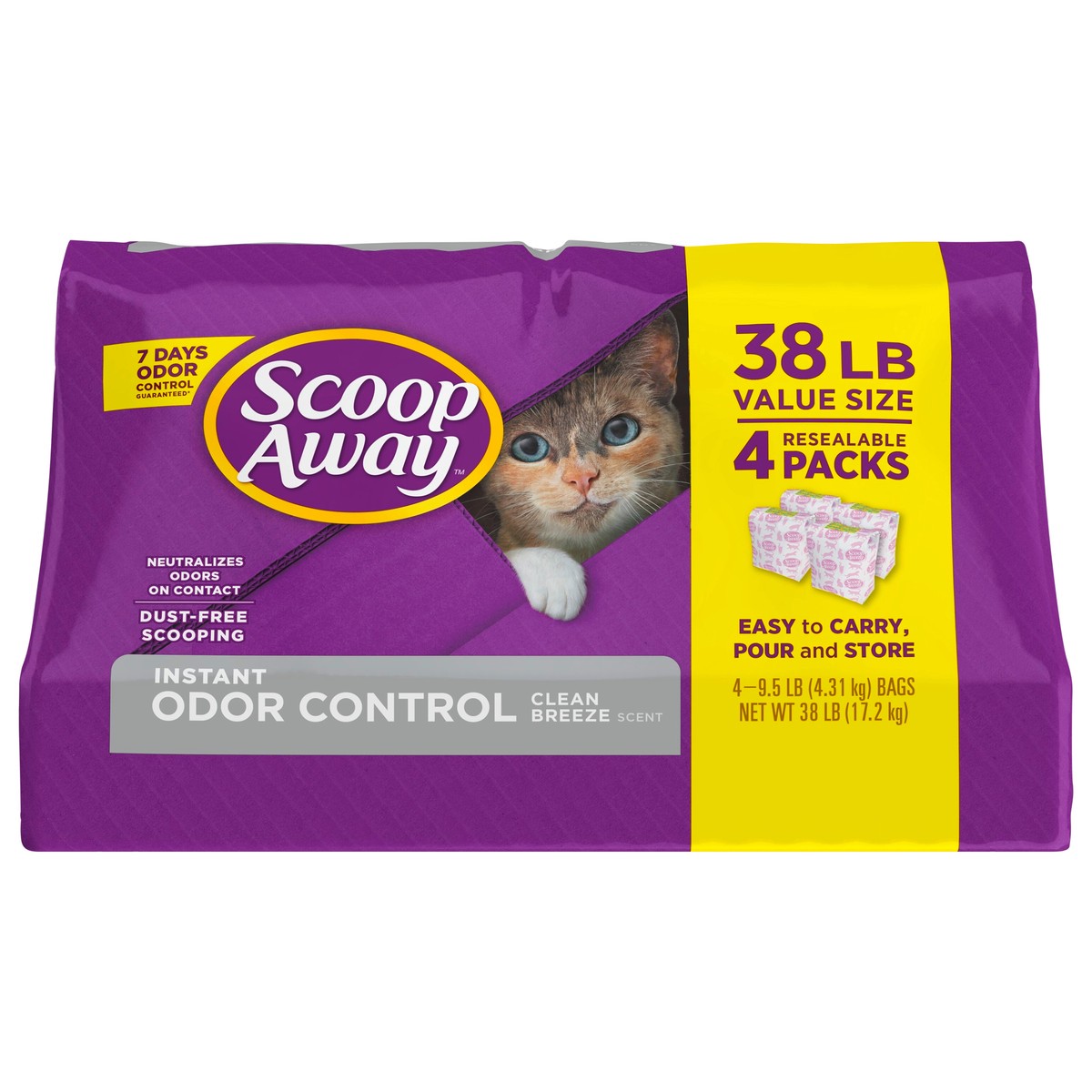 slide 1 of 10, Scoop Away 4 Pack Value Size Clean Breeze Scent Clumping Cat Litter 4 - 9.5 lb Bags, 38 lb