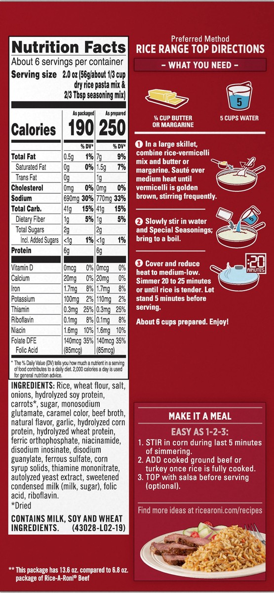 slide 9 of 9, Rice-A-Roni Family Size Beef Flavor Rice 13.6 oz, 13.6 oz