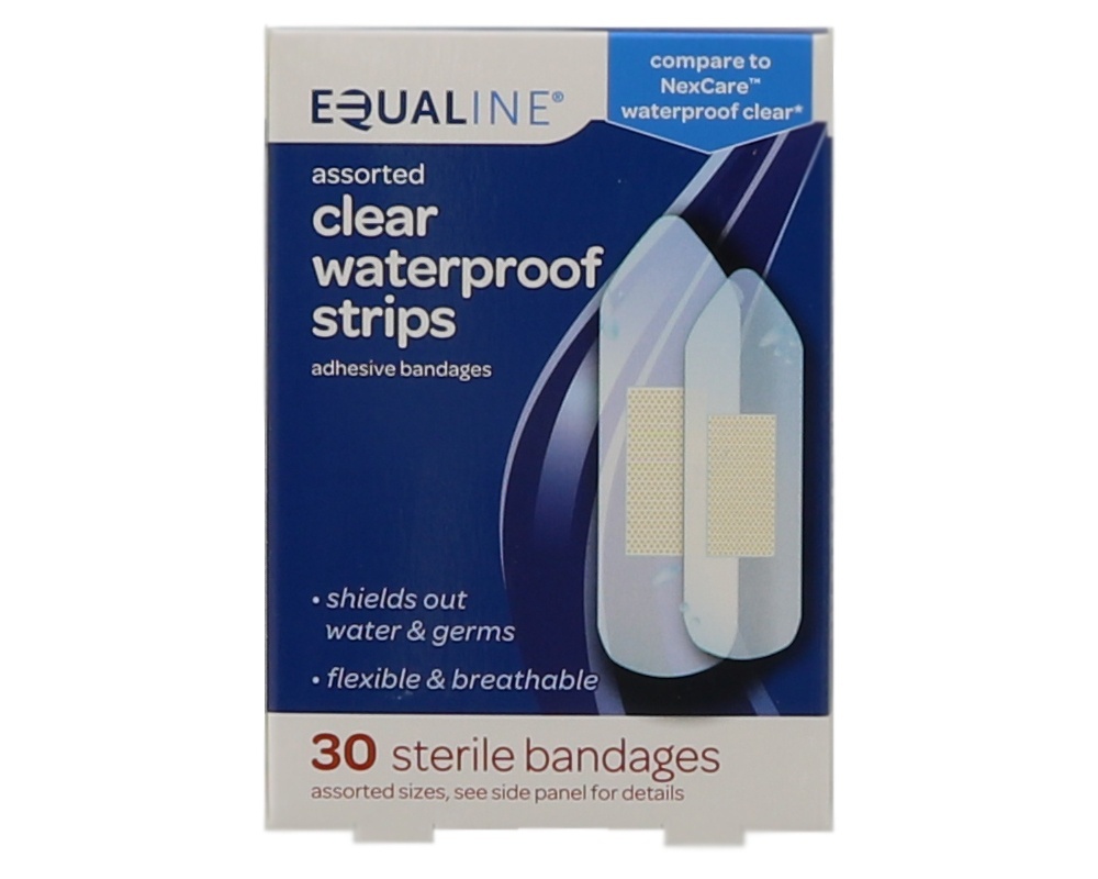 slide 1 of 1, Equaline Assorted Clear Waterproof Strips Adhesive Bandages, 30 ct