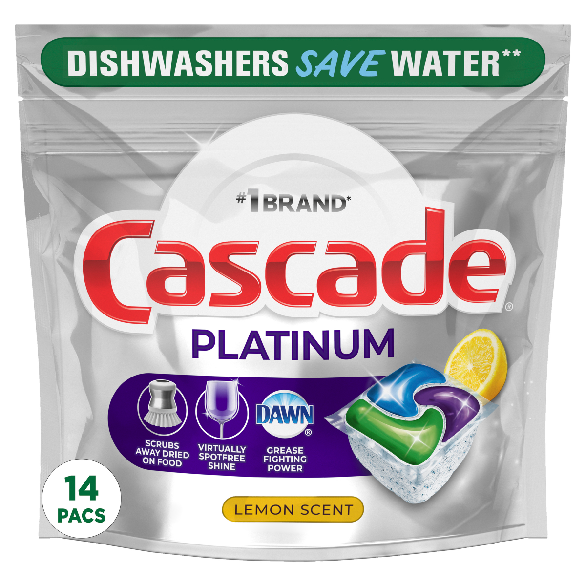 slide 1 of 6, Cascade Platinum Dishwasher Pods, Dishwasher Detergent, Dish Detergent Soap, Lemon, 14 Count, 14 ct