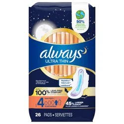 Always Ultra Thin Overnight Pads with Flexi-Wings, Size 4, Overnight, Unscented, 26 CT