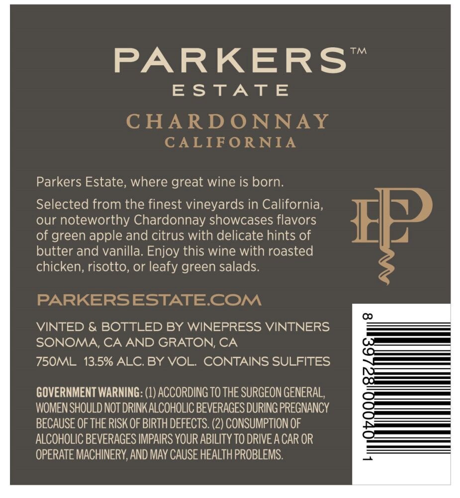 slide 5 of 5, Parker's Estate Chardonnay, 750 ml